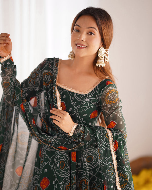 Bandhej Green Soft Chiffon Forest Designer Anarkali Gown