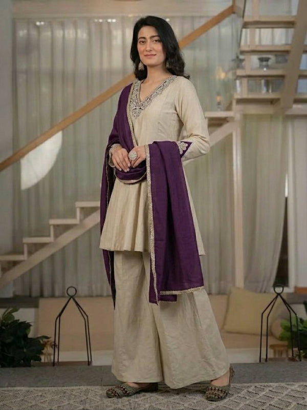 Aarini Embroidered Kurta Palazzo Suit Set with Purple Dupatta