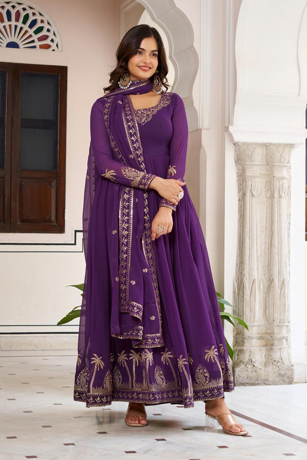 Beach Purple Faux Georgette Embroidered Suit Set