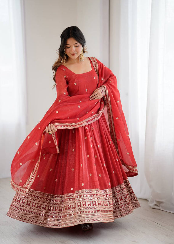 Trending Red Pure Crunchy Silk Anarkali Gown