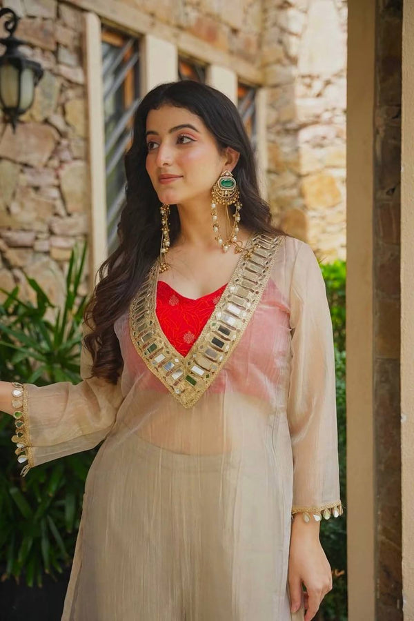 Ivory Anarkali Kurta Palazzo Set with Embroidered Neckline