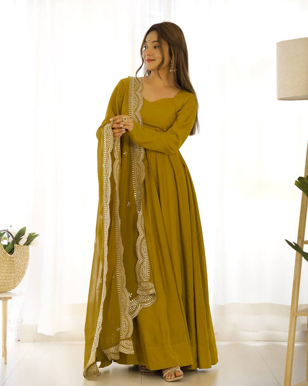 Divine Mustured Colored Heavy Roman Silk Chanderi Anarkali Gown
