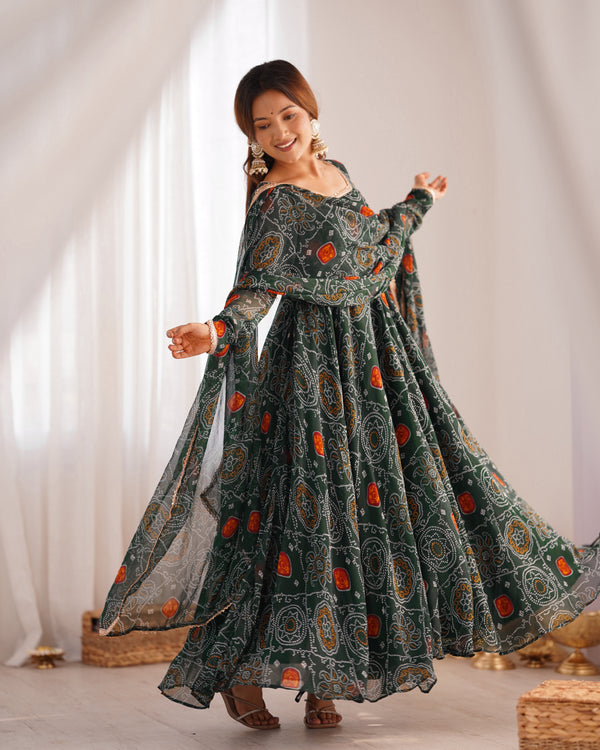 Bandhej Green Soft Chiffon Forest Designer Anarkali Gown