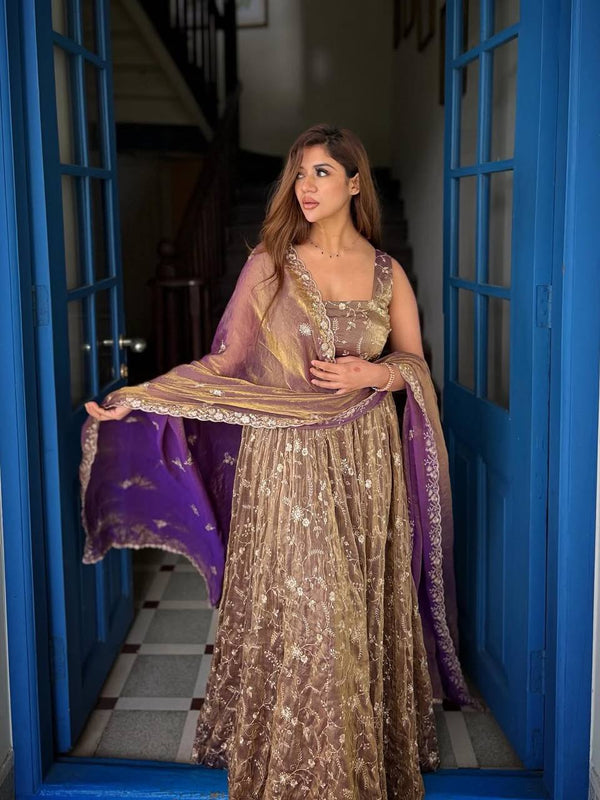 Classic Wine Flared Anarkali Suit with Dupatta
