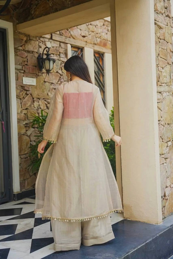 Ivory Anarkali Kurta Palazzo Set with Embroidered Neckline