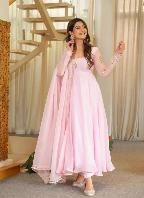 Nisha Baby Pink Embroidered Anarkali Suit Set with Dupatta
