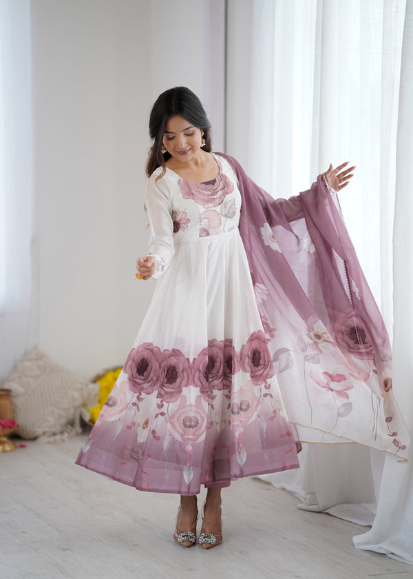 Goldy Flowers Onion Pink Organza Silk Anarkali Gown