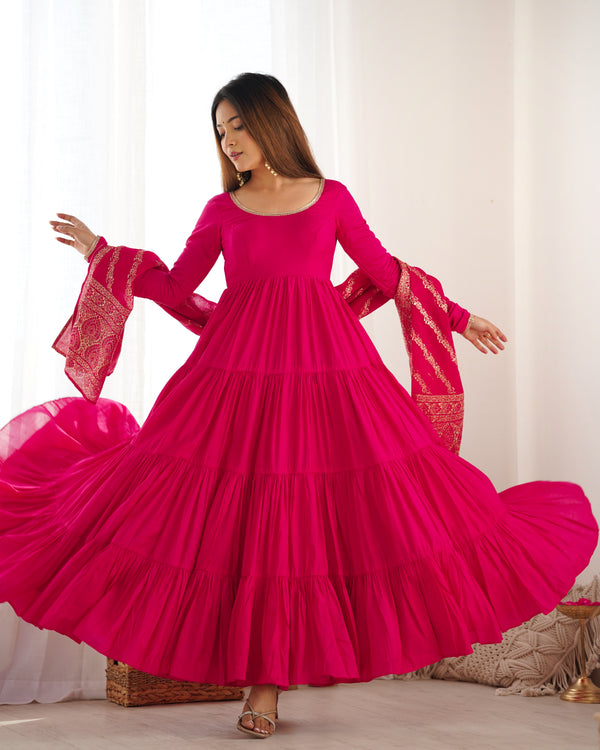 Burgundy Pink Pure Soft Roman Silk Kalamkari Anarkali Gown
