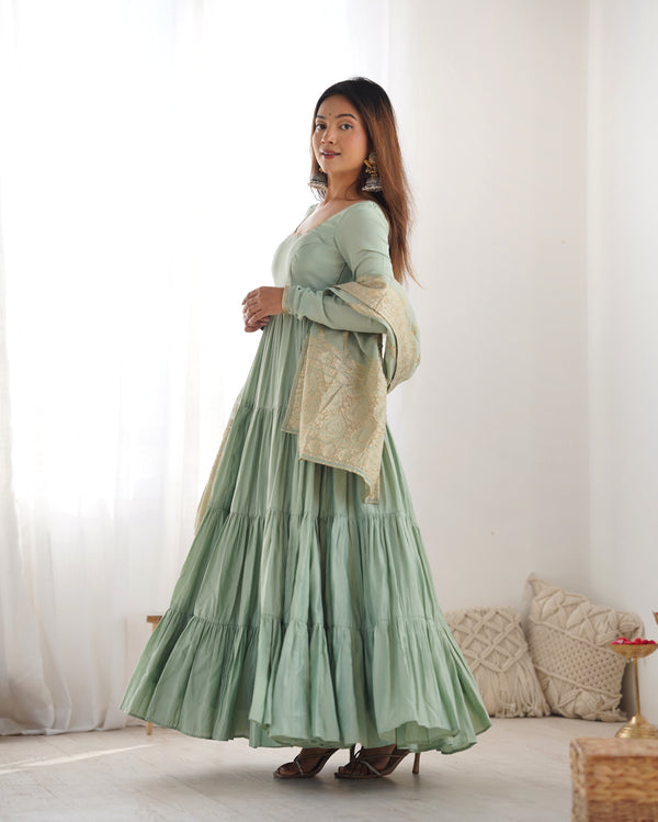 Burgundy Pista Pure Soft Roman Silk Kalamkari Anarkali Gown