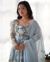White & Sea Printed Organza Anarkali Gown