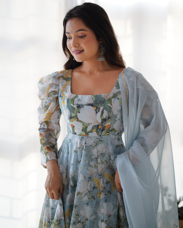 White & Sea Printed Organza Anarkali Gown