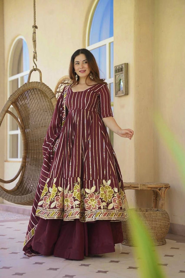 Diya Wine Floral Embroidered Anarkali Suit Set with Dupatta