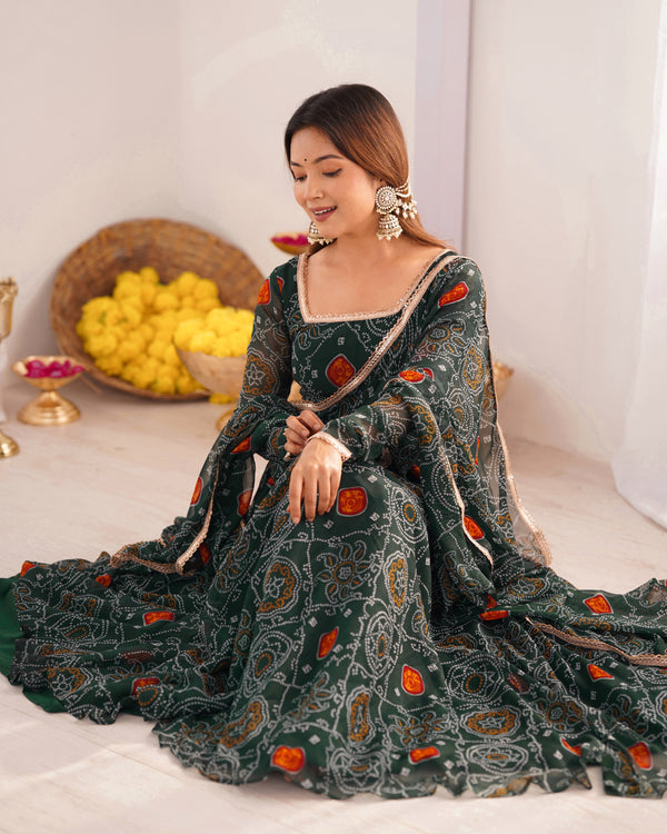 Bandhej Green Soft Chiffon Forest Designer Anarkali Gown