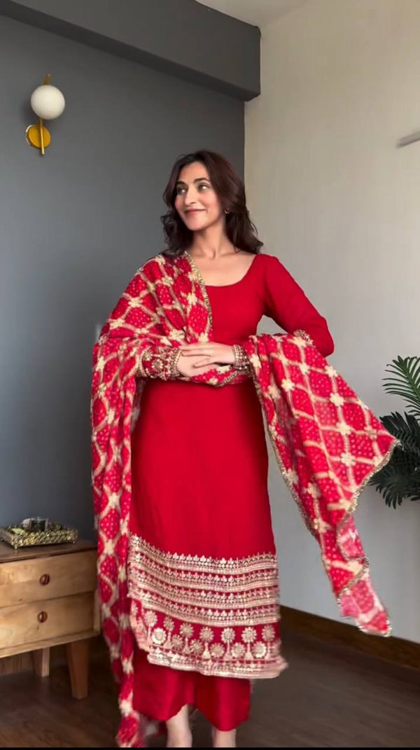Traditional Red Kurta Set with Heavy Embroidered Hemline