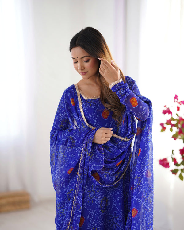 Bandhej Blue Soft Chiffon Forest Designer Anarkali Gown