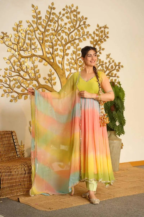 Pastel Green & Peach Flared Anarkali Suit Set with Dupatta