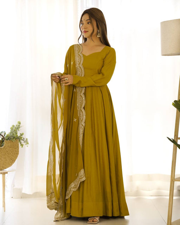 Divine Mustured Colored Heavy Roman Silk Chanderi Anarkali Gown