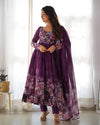 Sakura Printed Pure Soft Organza Jade Wine Anarkali Gown