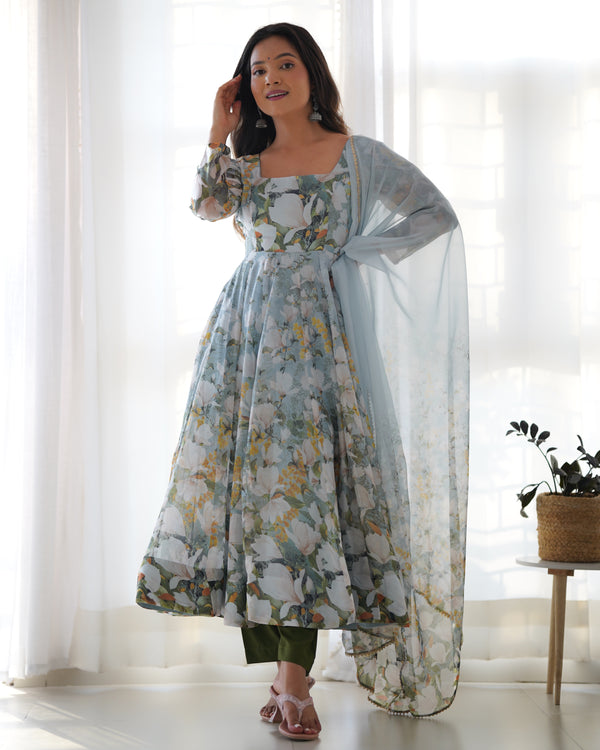 White & Sea Printed Organza Anarkali Gown