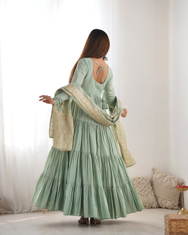 Burgundy Pista Pure Soft Roman Silk Kalamkari Anarkali Gown