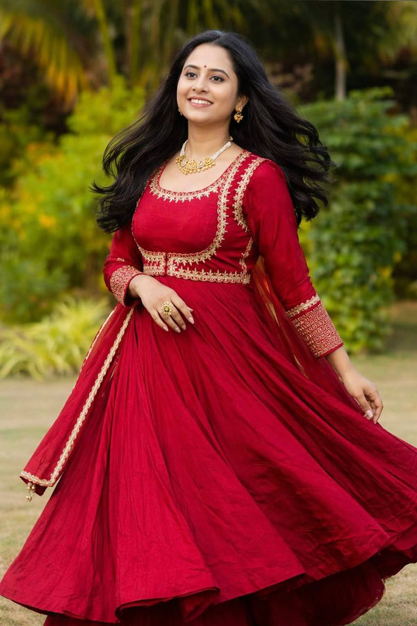 white christmas dresses Classic Red Ethnic Anarkali Dress with Embroidery Work