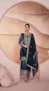 Blue Velvet Anarkali Suit Set with Dupatta